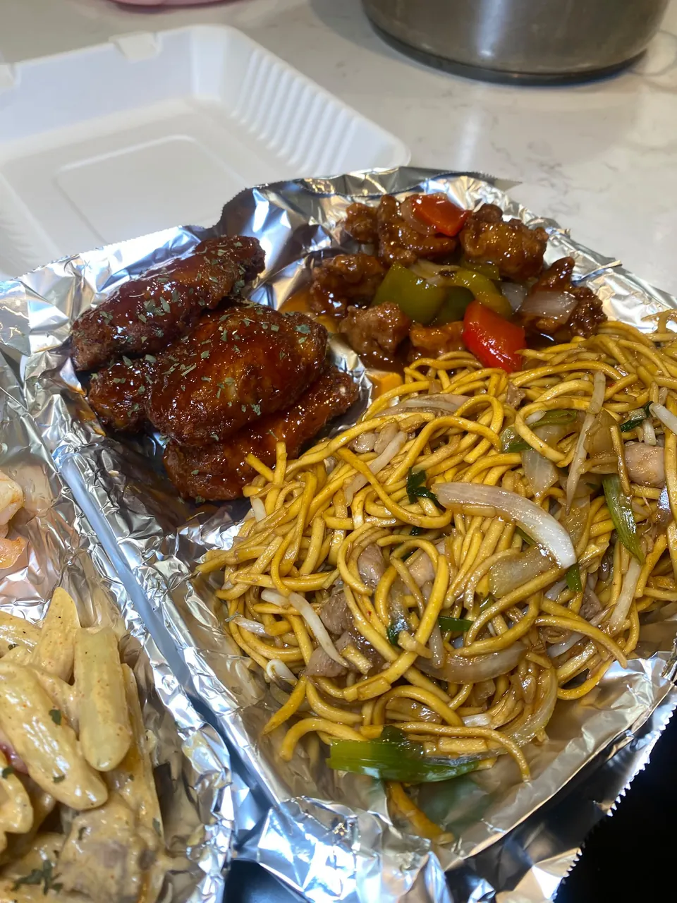 Chow mein with sweet chilli wings and sweet and sour chicken